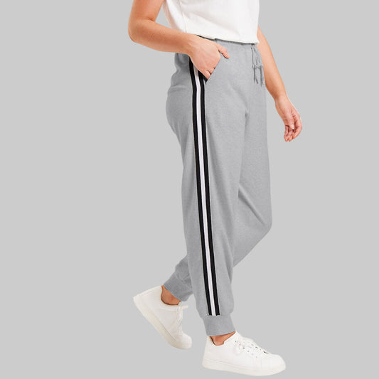 Medium Heather Grey French Terry Joggers with side stripe detailing, drawstring waist, and ribbed cuffs — slim-fit plus size lounge joggers for women.