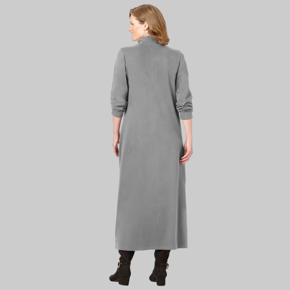 Front view of Medium Heather Grey Mockneck Dress with long sleeves and mock neckline