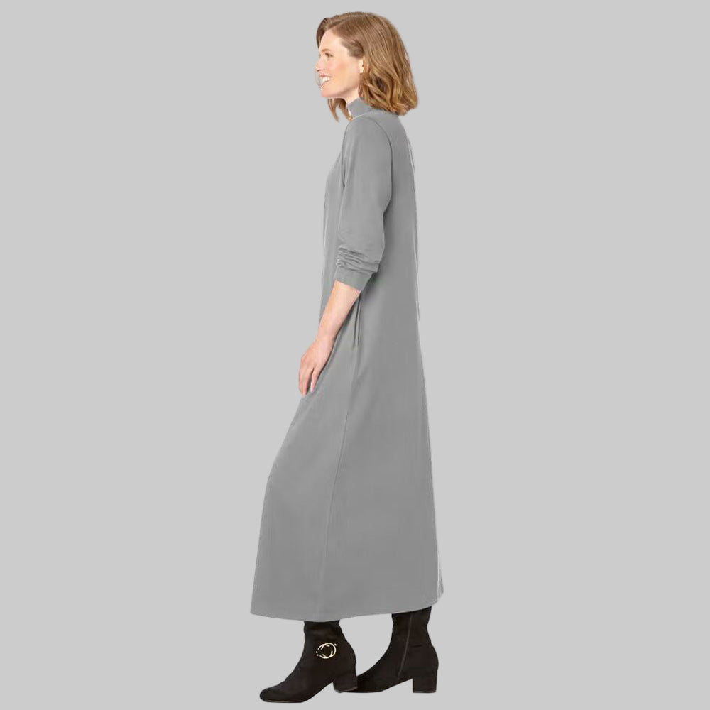 Front view of Medium Heather Grey Mockneck Dress with long sleeves and mock neckline