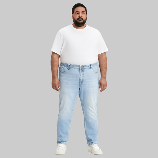 Classic Medium Wash Regular Stretch Jeans with straight-leg fit, zip fly, and 5-pocket styling in stretch denim.