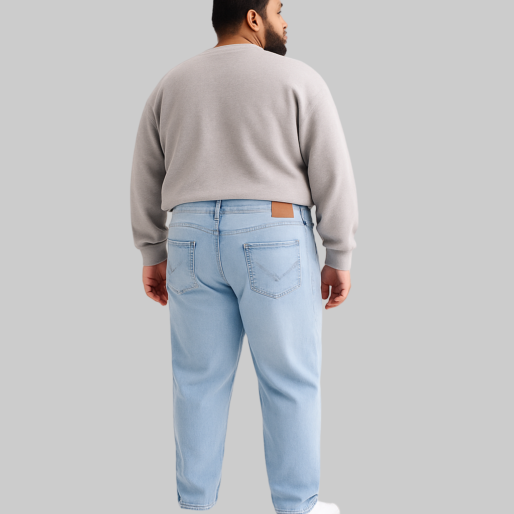 Classic Medium Wash Regular Stretch Jeans with straight-leg fit, zip fly, and 5-pocket styling in stretch denim.