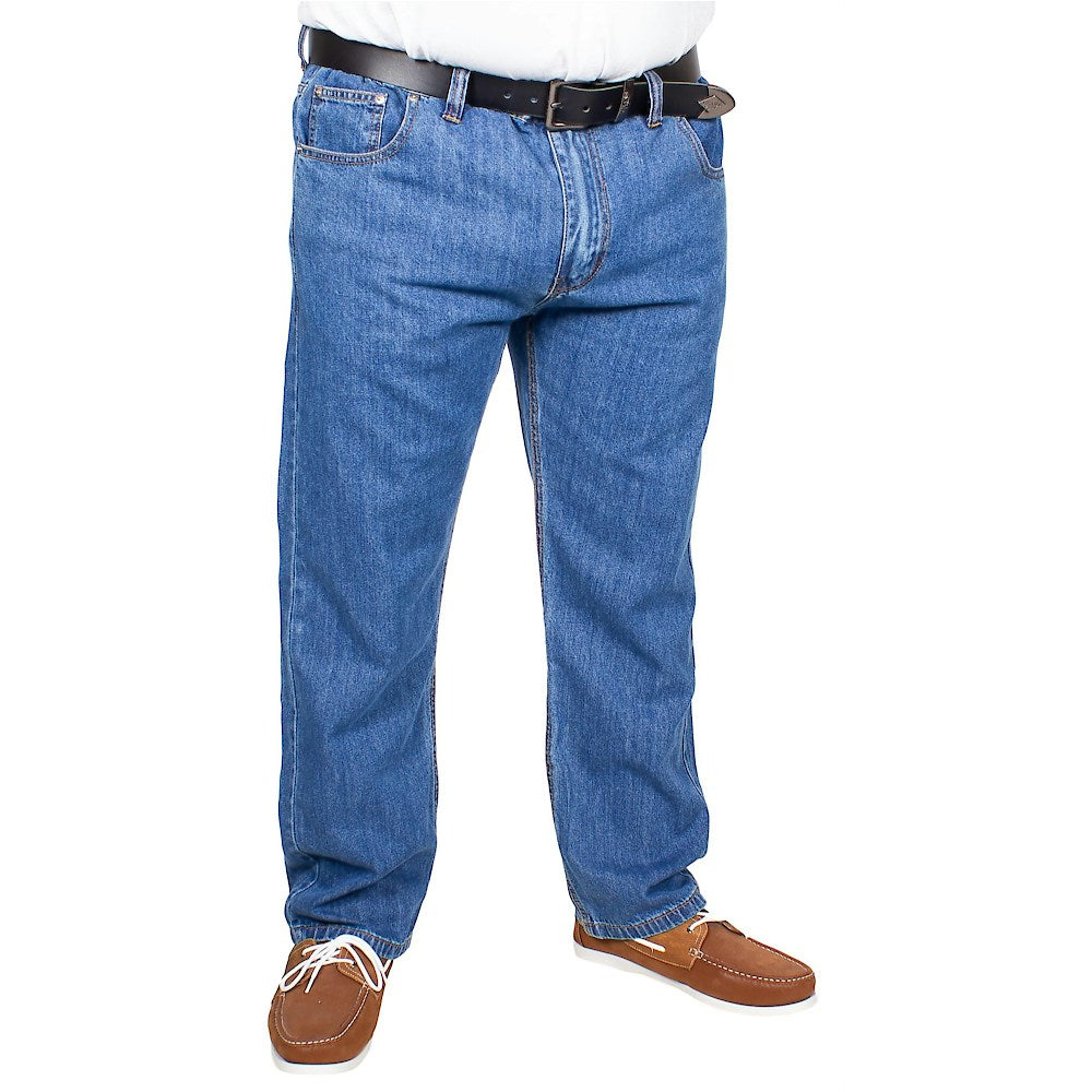 Men’s mid wash elasticated waist jeans with straight leg, button and zip fastening, belt loops, front and rear pockets, made from 100% cotton denim."