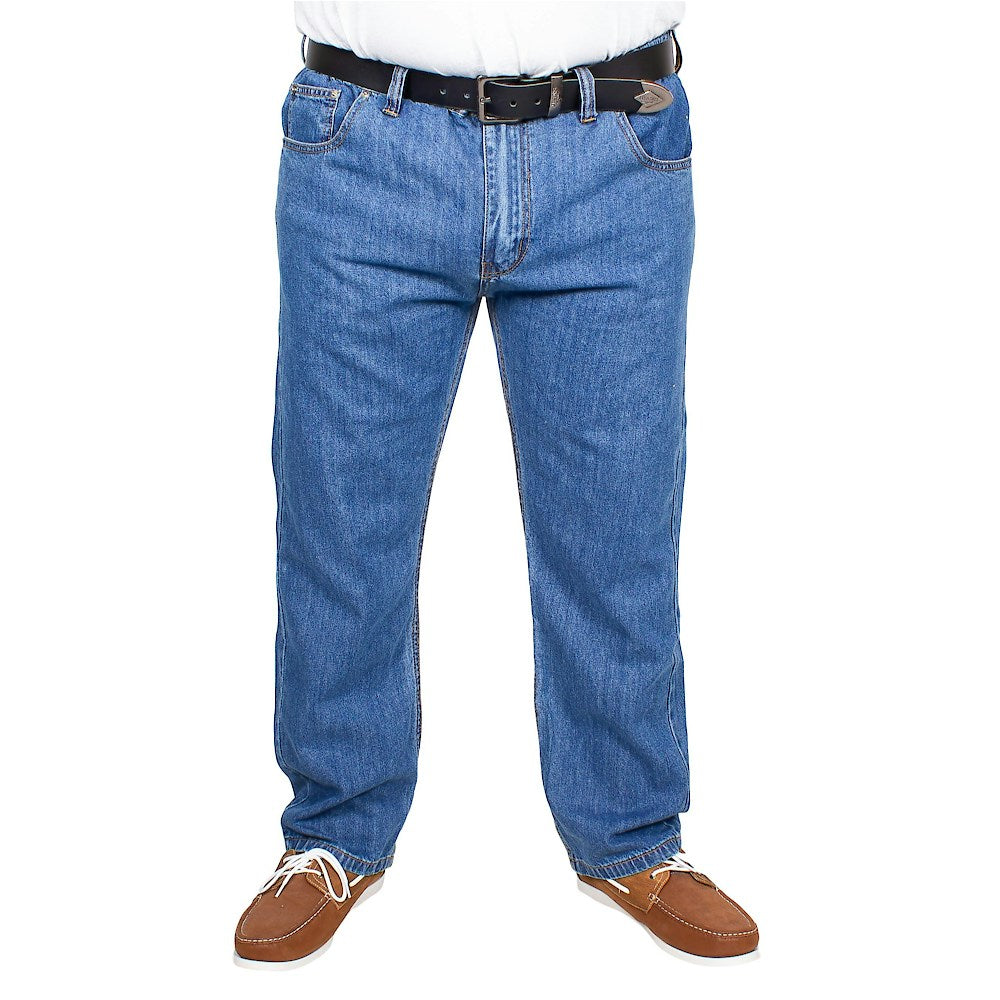Men’s mid wash elasticated waist jeans with straight leg, button and zip fastening, belt loops, front and rear pockets, made from 100% cotton denim."
