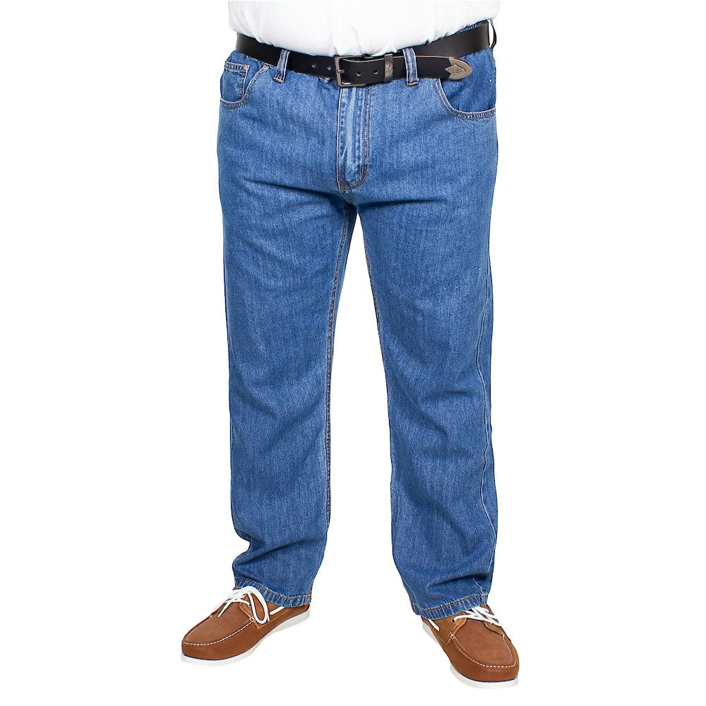 Men’s mid wash elasticated waist jeans with straight leg, button and zip fastening, belt loops, front and rear pockets, made from 100% cotton denim."