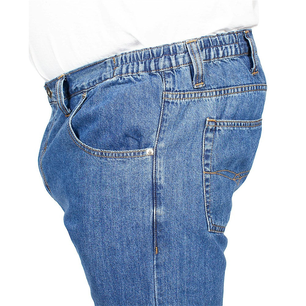 Men’s mid wash elasticated waist jeans with straight leg, button and zip fastening, belt loops, front and rear pockets, made from 100% cotton denim."