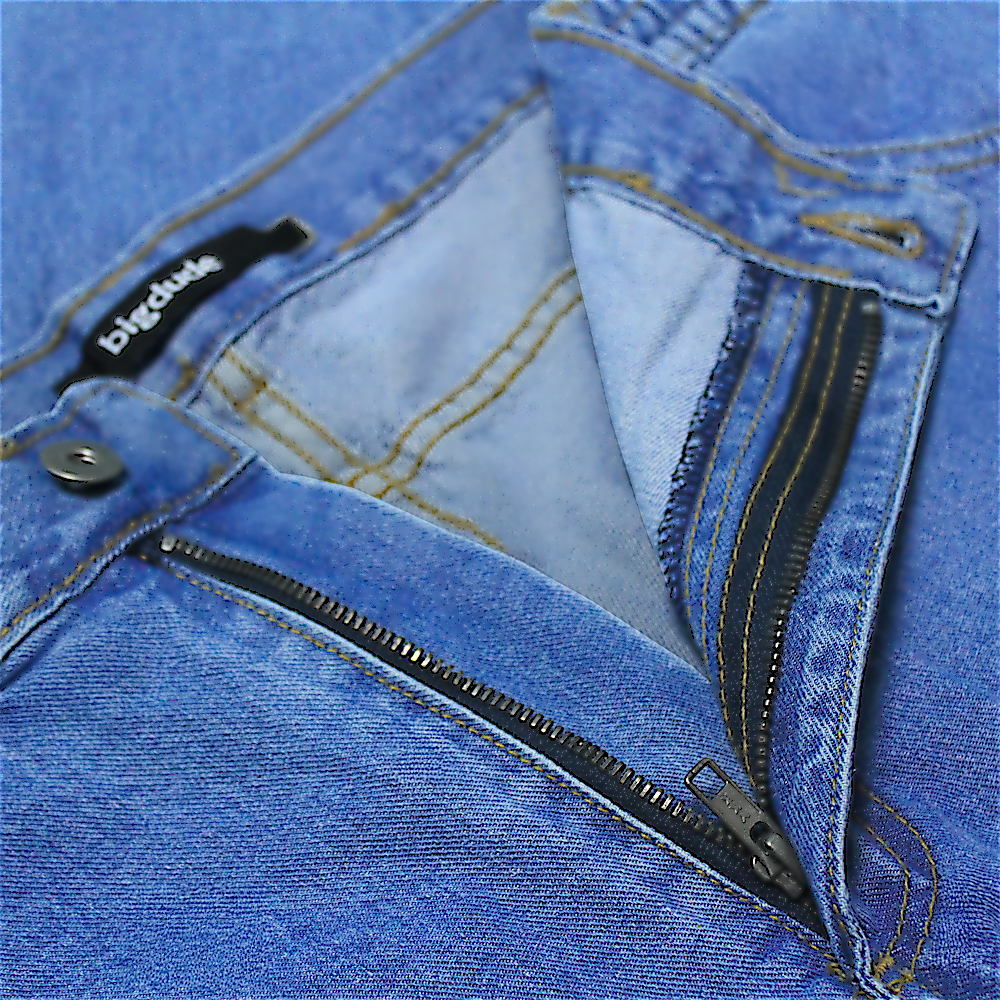 Men’s mid wash elasticated waist jeans with straight leg, button and zip fastening, belt loops, front and rear pockets, made from 100% cotton denim."