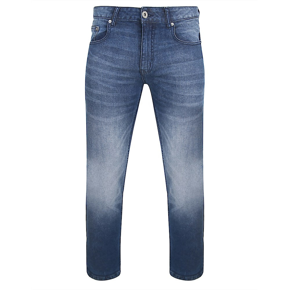Mid Wash Stretch Denim Jeans with button, zip fly, and belt loops