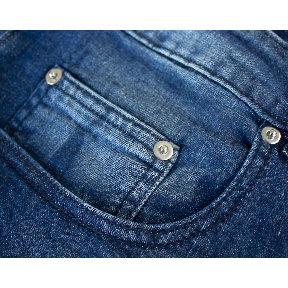 Mid Wash Stretch Denim Jeans with button, zip fly, and belt loops