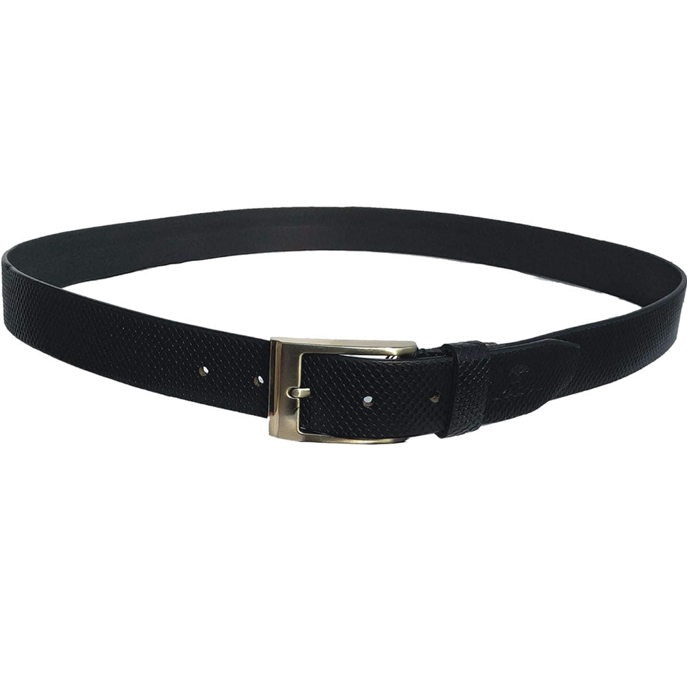Rolled black leather plus size belt with a grid texture and silver buckle on neutral background