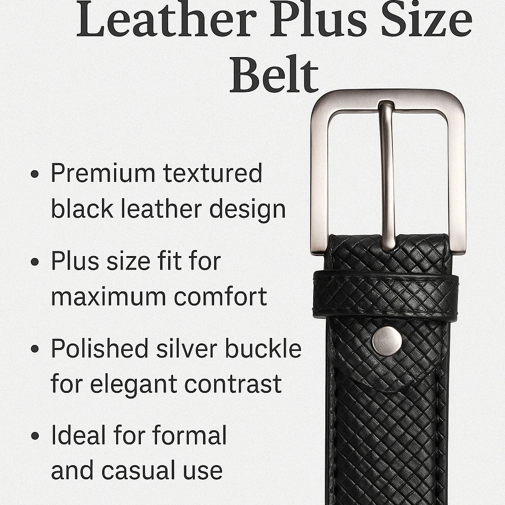 Rolled black leather plus size belt with a grid texture and silver buckle on neutral background