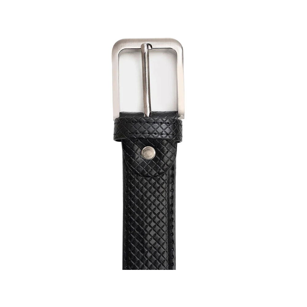 Rolled black leather plus size belt with a grid texture and silver buckle on neutral background