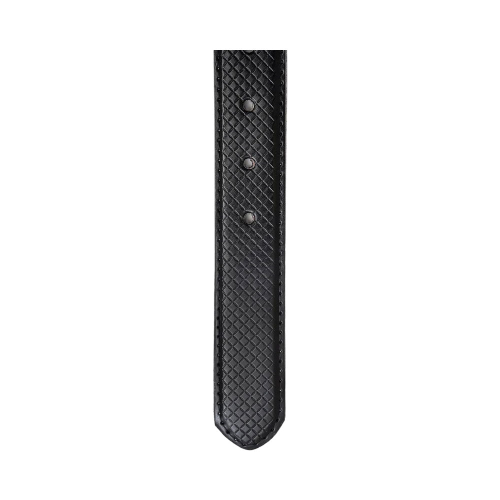Rolled black leather plus size belt with a grid texture and silver buckle on neutral background