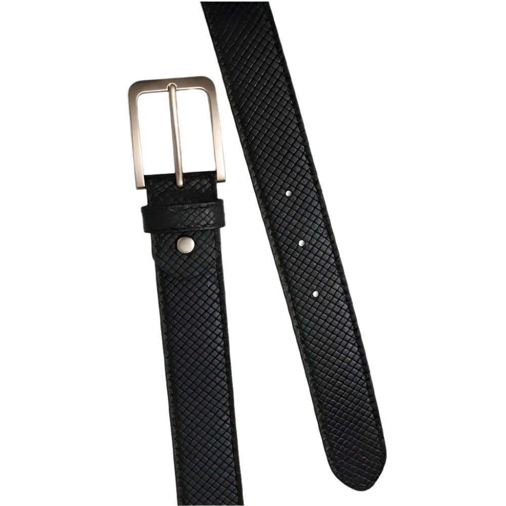 Rolled black leather plus size belt with a grid texture and silver buckle on neutral background