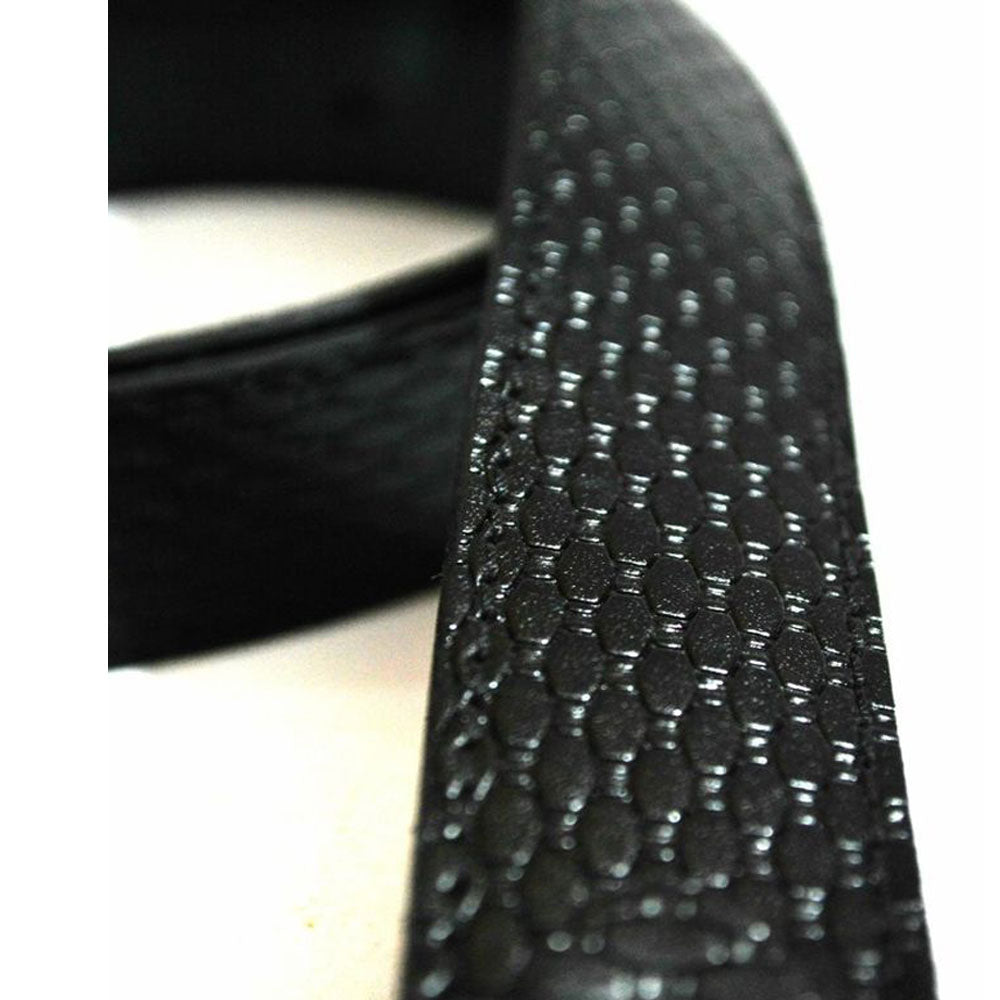 Rolled black leather plus size belt with a grid texture and silver buckle on neutral background