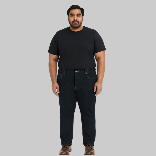 Front view of Midnight Indigo Straight Fit Jeans in indigo wash with straight-leg fit.