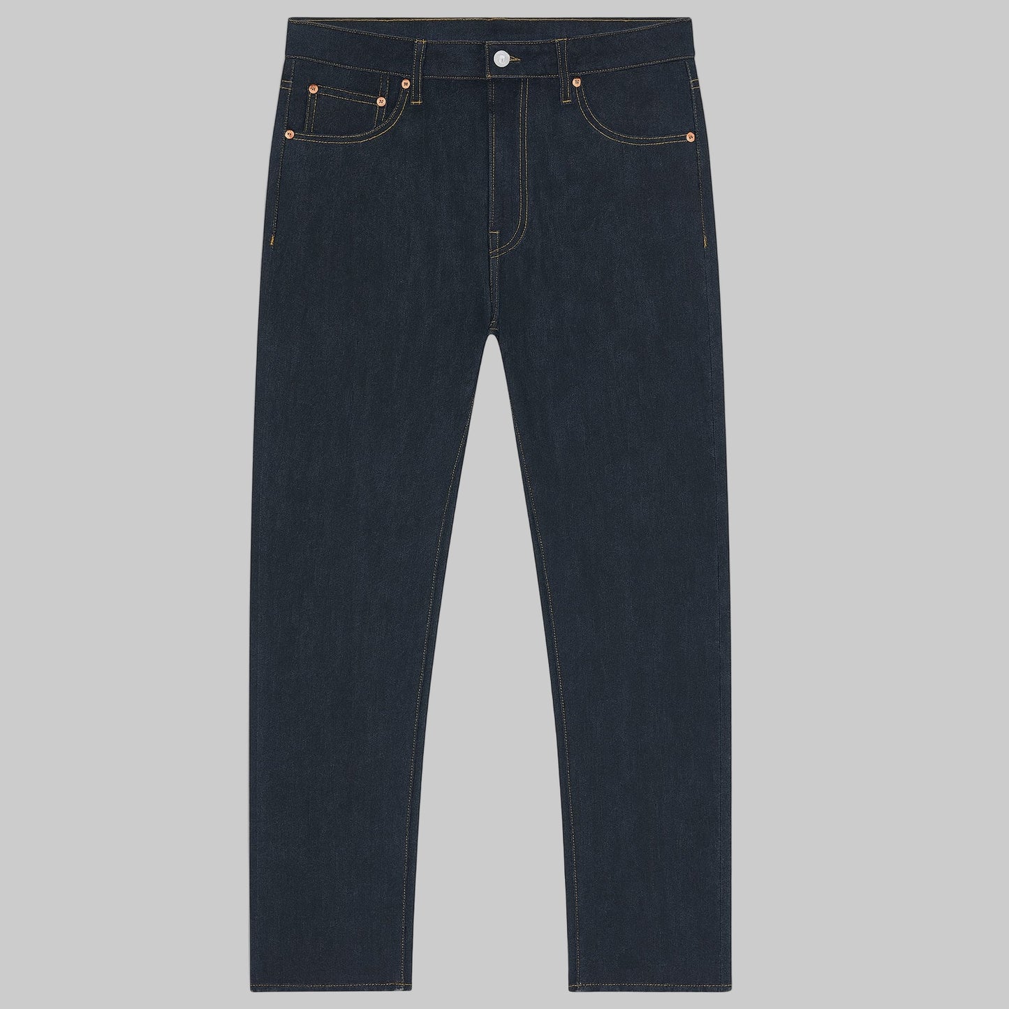 Front view of Midnight Indigo Straight Fit Jeans in indigo wash with straight-leg fit.
