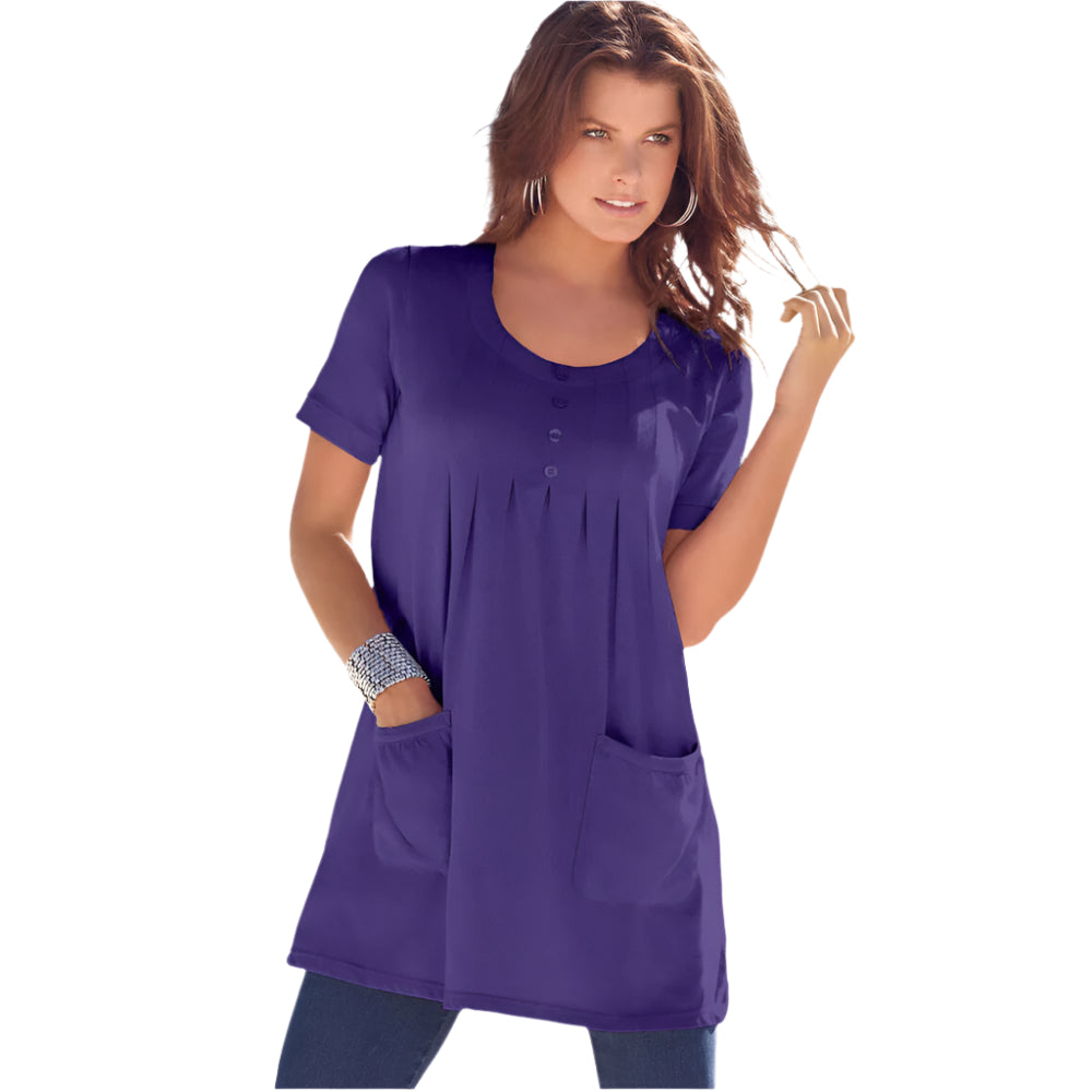 Midnight Violet Two Pocket Soft Knit Tunic with long sleeves, scoop neckline, and a relaxed fit for all-day comfort