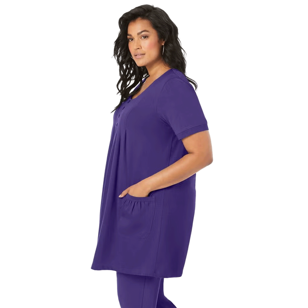 Midnight Violet Two Pocket Soft Knit Tunic with long sleeves, scoop neckline, and a relaxed fit for all-day comfort