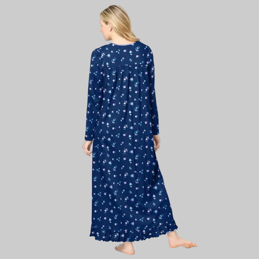Midnight blue floral long sleeve lounge nightgown dress with relaxed fit and full length design for comfortable sleep and home lounging.
