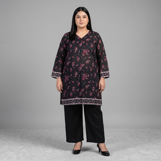 Woman wearing a Midnight Rose Printed 3-Piece Suit featuring a black floral printed shirt, solid black trousers, and a maroon floral printed dupatta with decorative border detailing.