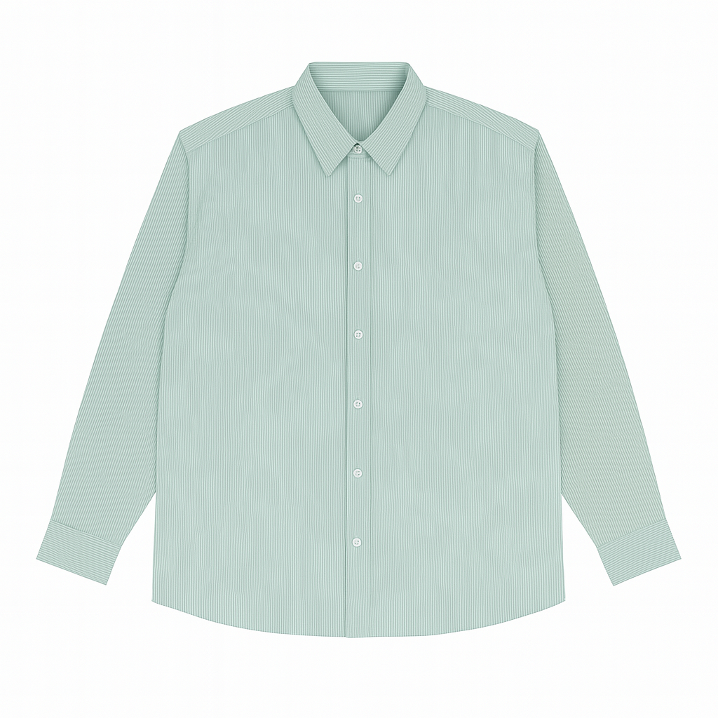 Flat-lay of mint green micro-stripe long sleeve formal shirt