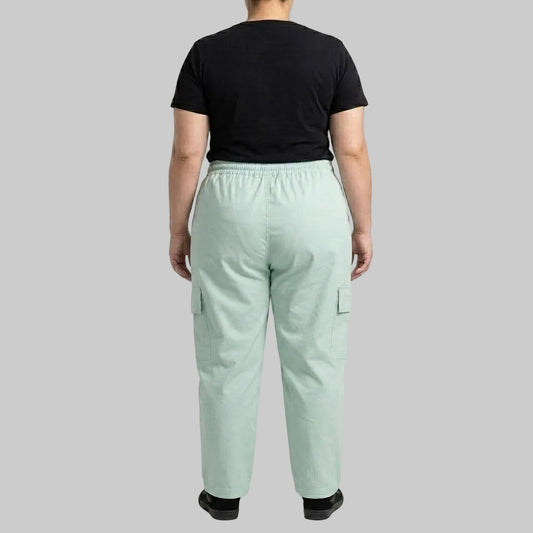 Mint Breeze Cargo Baggy Trousers crafted from premium 98% cotton, 2% elastane twill dyed fabric with a relaxed baggy fit, elastic waistband, and functional cargo pockets.
