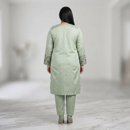 Mint Green Embroidered Katan Silk 3-Piece Suit