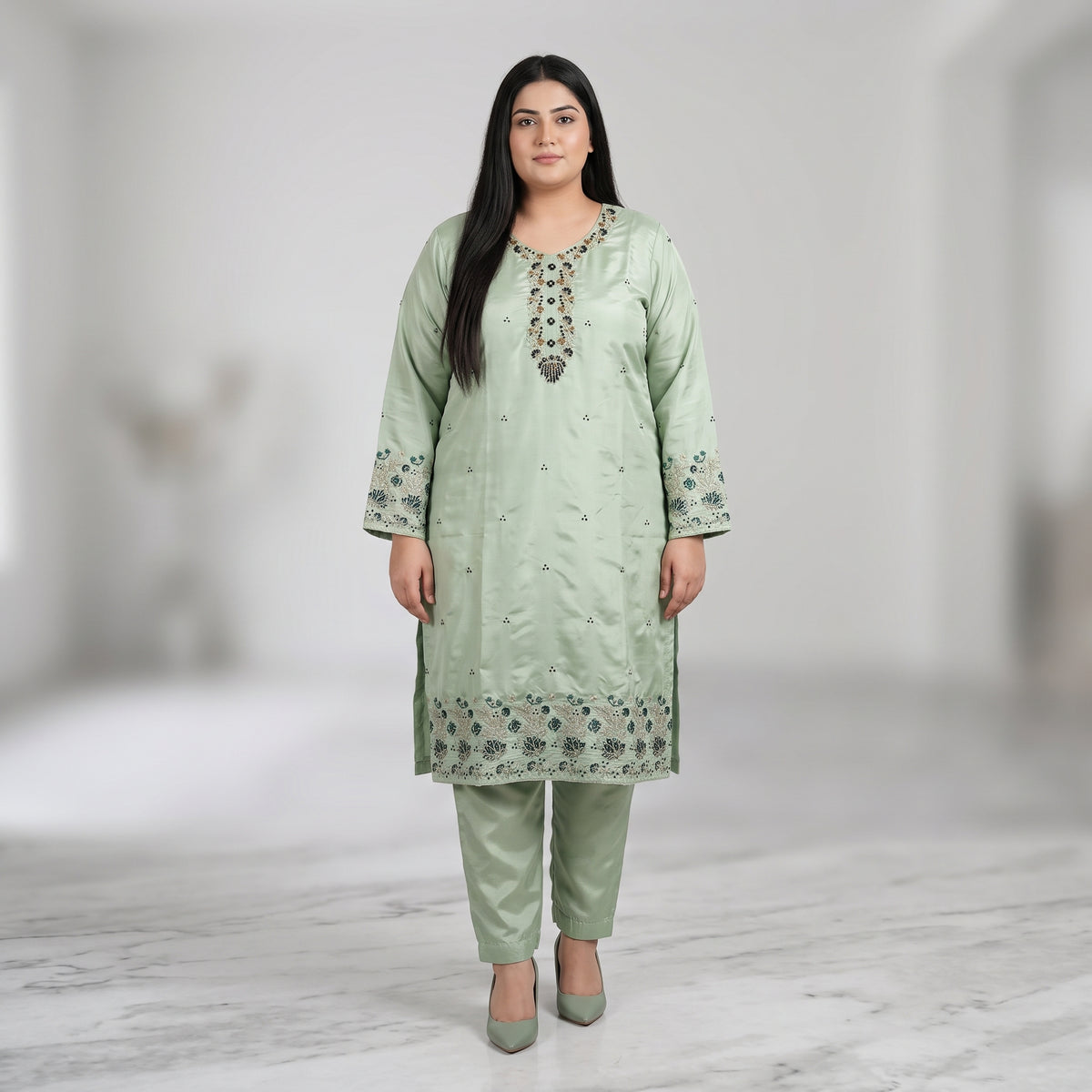 Mint Green Embroidered Katan silk 3-piece suit