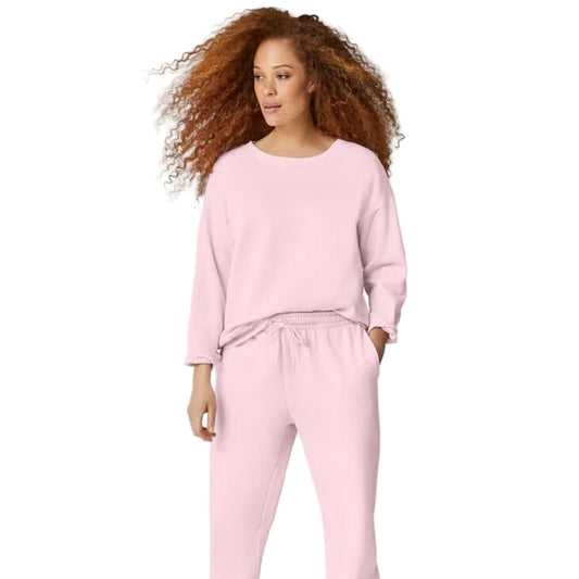 Close-up of ribbed hem and cuffs on Misty Rose Sweatshirt