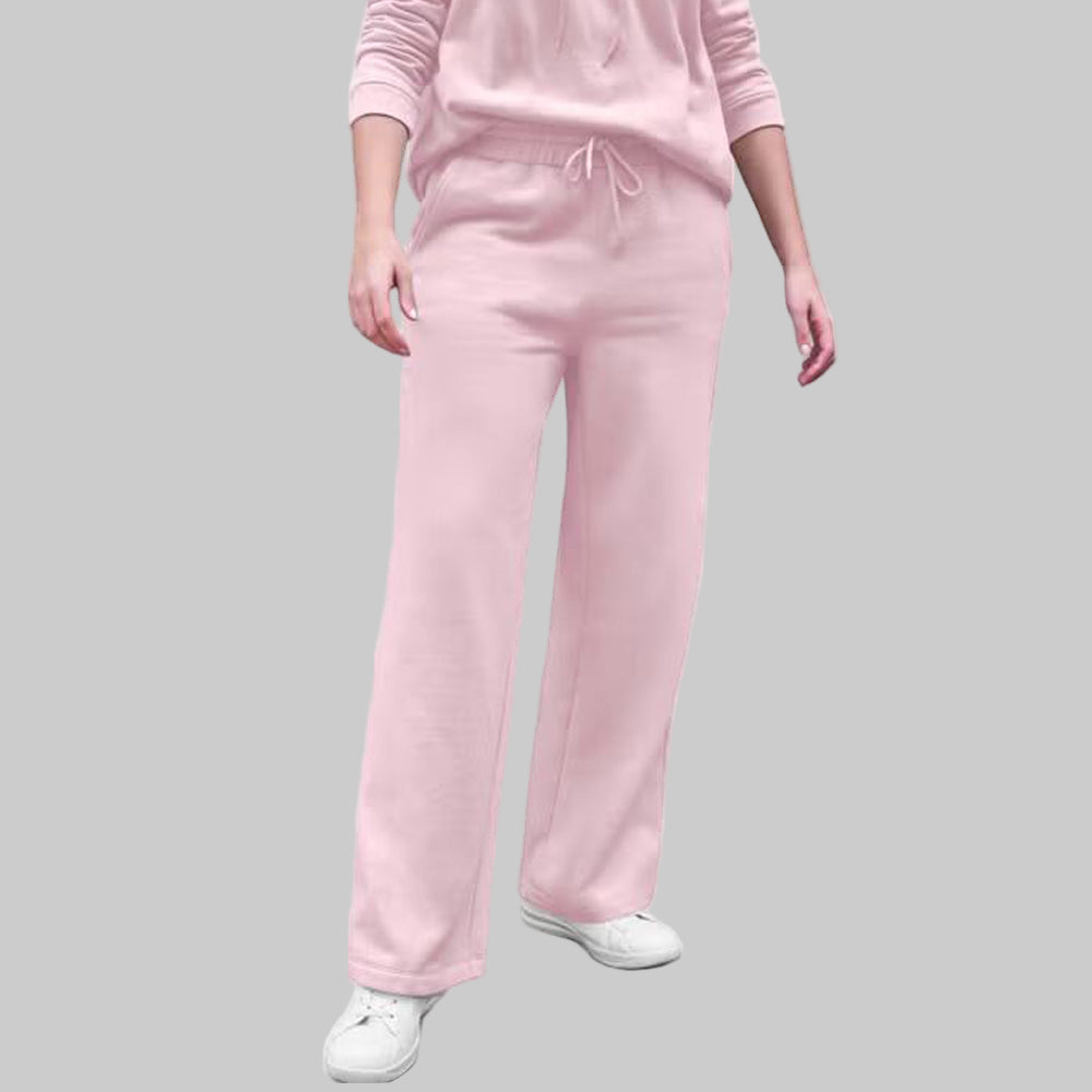 Plus-size Misty Rose wide leg fleece sweatpants with drawstring waist and side pockets, displayed flat on white background.