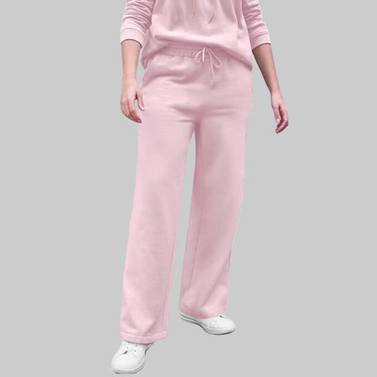 Plus-size Misty Rose wide leg fleece sweatpants with drawstring waist and side pockets, displayed flat on white background.