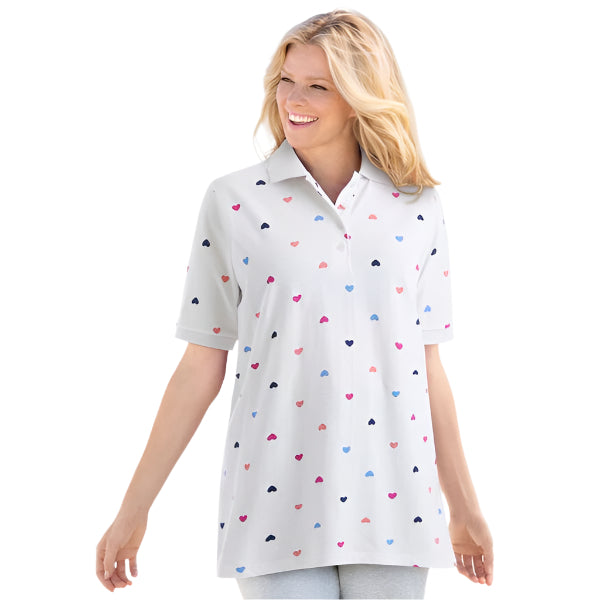 Multi Hearts Short-Sleeve Polo Tunic – Printed Cotton Blend Shirt with Button Placket