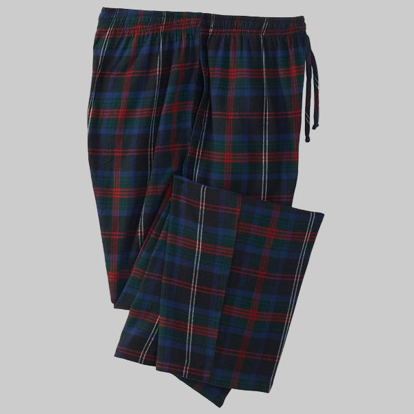 Multi plaid flannel pajama pants in colorful check pattern with relaxed fit, drawstring waist, button fly, and side seam pockets, displayed flat on white background.