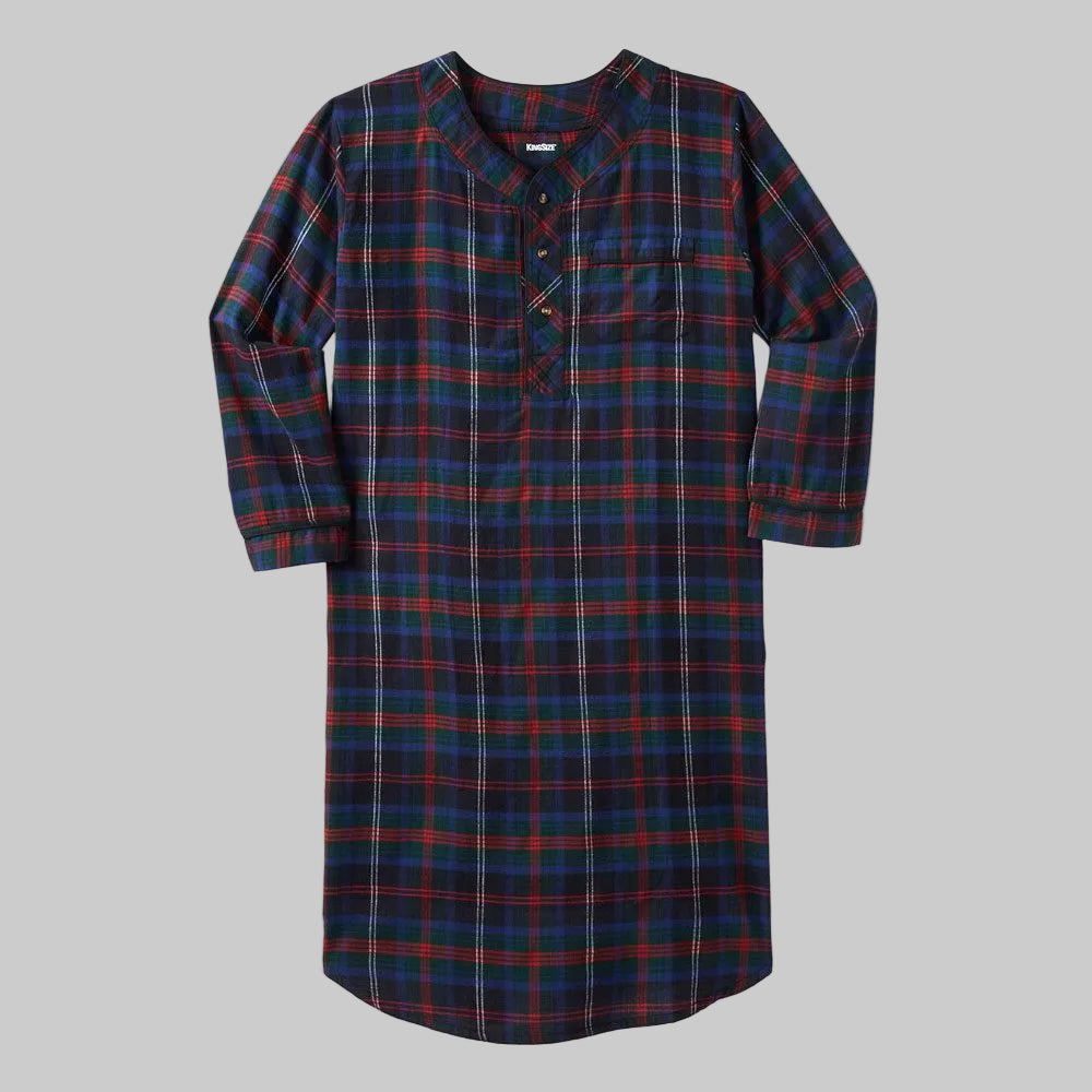 Multi plaid flannel nightshirt with button front and relaxed fit shown on model