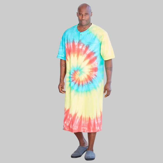 Multi Tie Dye Short Sleeve Henley Nightshirt with stripes, pocket, and Henley placket.