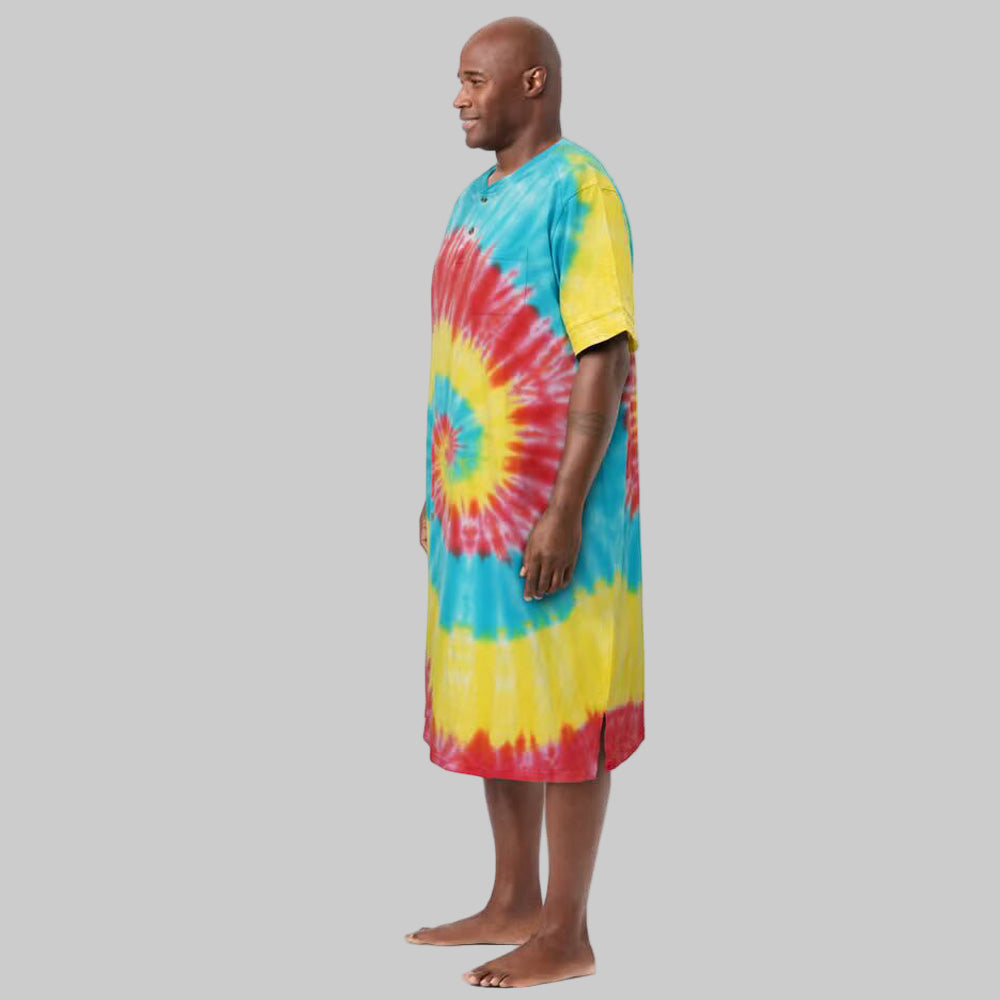 Multi Tie Dye Short Sleeve Henley Nightshirt with stripes, pocket, and Henley placket.