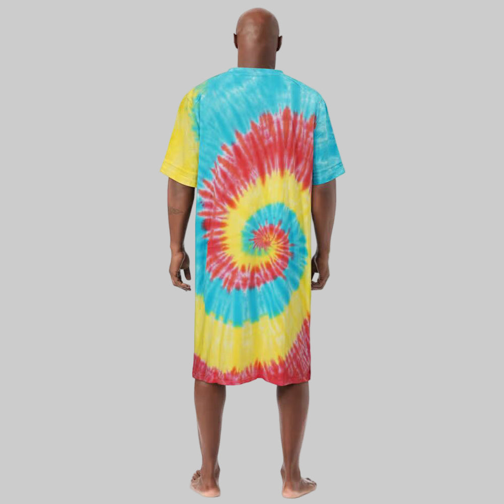Multi Tie Dye Short Sleeve Henley Nightshirt with stripes, pocket, and Henley placket.