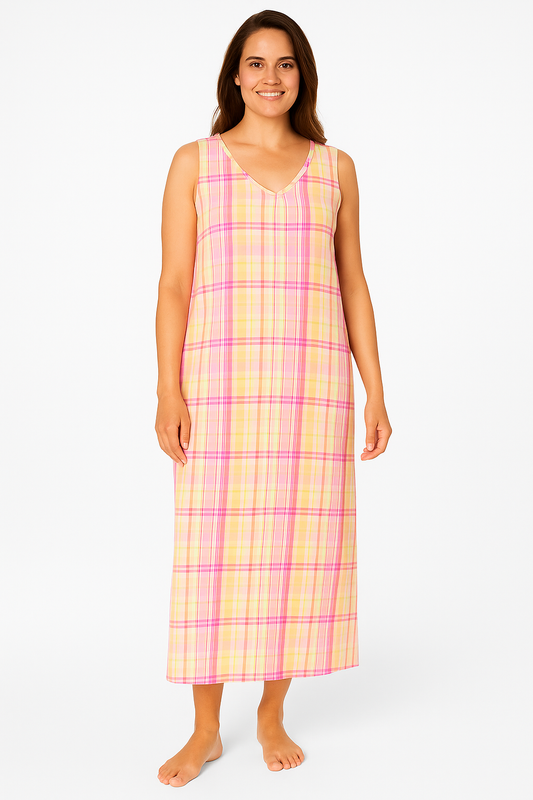 Close-up of breathable cotton plaid fabric on sleeveless sleepshirt