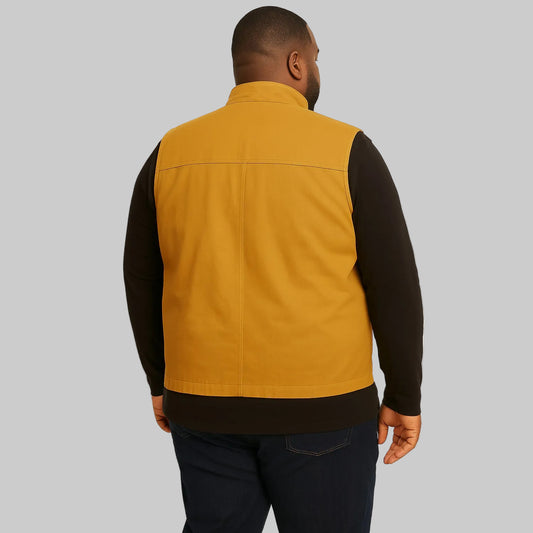 Men’s mustard twill cotton sleeveless jacket, lightweight layering vest, front studio view