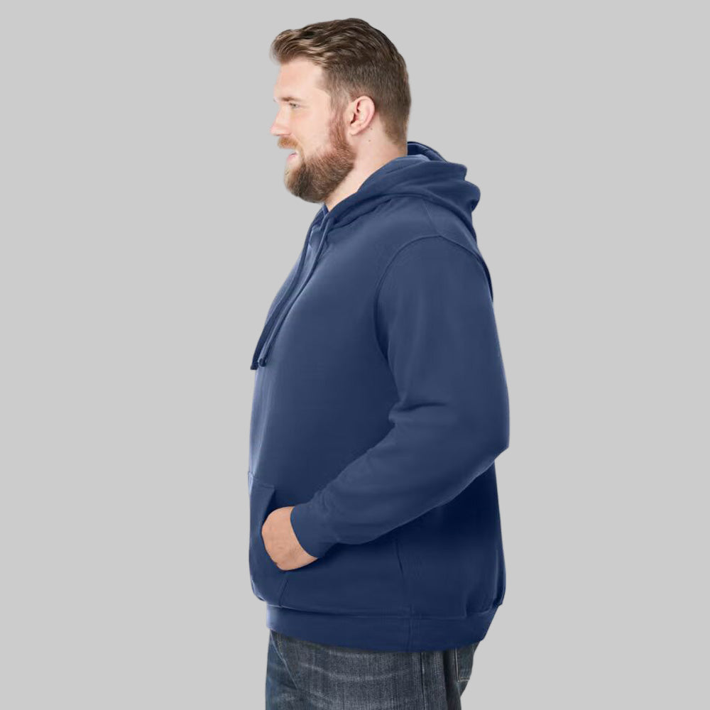 Navy fleece pullover hoodie for plus-size men with drawstring hood, front pouch pocket, and ribbed cuffs — soft cotton-poly casual wear.