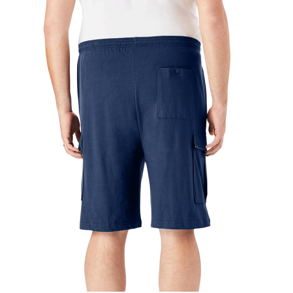 A pair of Navy Blue Jersey Big Size Cargo Shorts with a relaxed fit, soft jersey fabric, cargo pockets for storage, and an elastic waistband with a drawstring