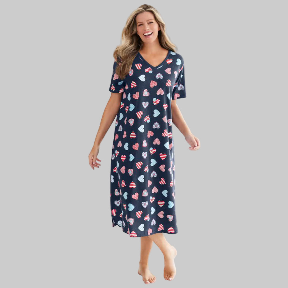 Navy Americana Heart long print cotton sleepshirt with ribbed V-neck, short sleeves, and side slits for women’s cozy sleepwear.