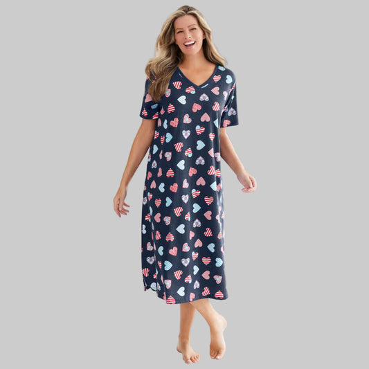 Navy Americana Heart long print cotton sleepshirt with ribbed V-neck, short sleeves, and side slits for women’s cozy sleepwear.
