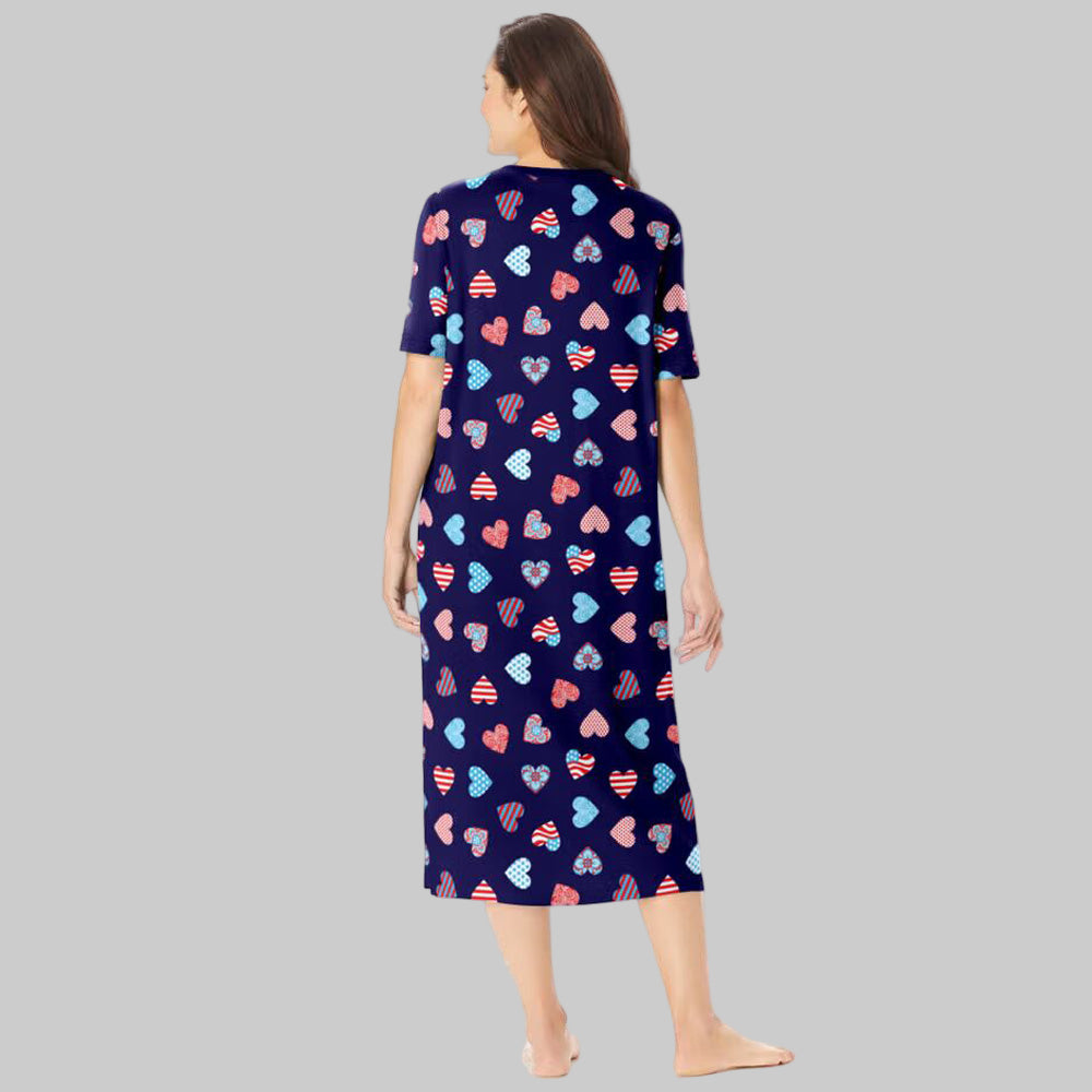 Navy Americana Heart long print cotton sleepshirt with ribbed V-neck, short sleeves, and side slits for women’s cozy sleepwear.