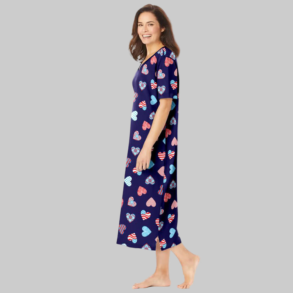 Navy Americana Heart long print cotton sleepshirt with ribbed V-neck, short sleeves, and side slits for women’s cozy sleepwear.