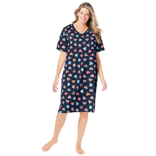 Navy Americana Heart Short Print Sleepshirt with playful heart prints, ribbed V-neck, short sleeves, and A-line silhouette – women’s 40-inch cotton sleepwear.