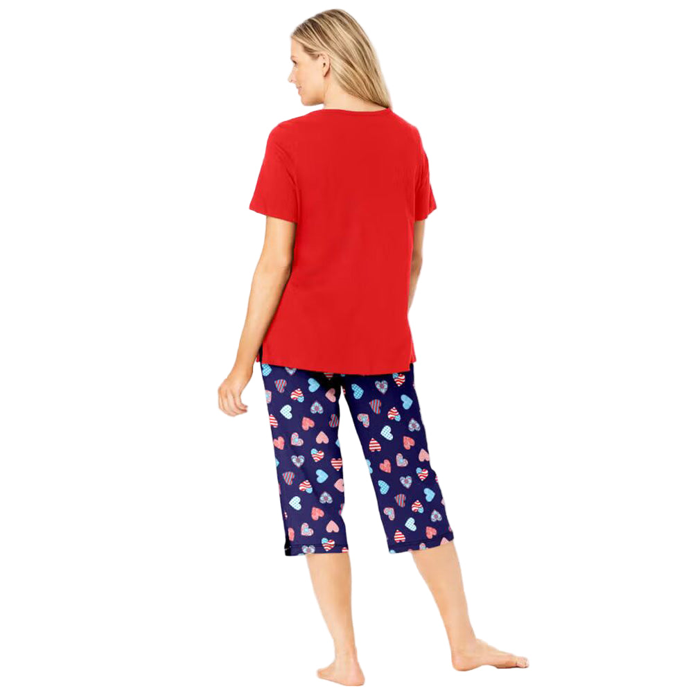 Women’s Navy Americana Heart two piece pajama set with V-neck tunic top and matching capri bottoms, made from breathable cotton.
