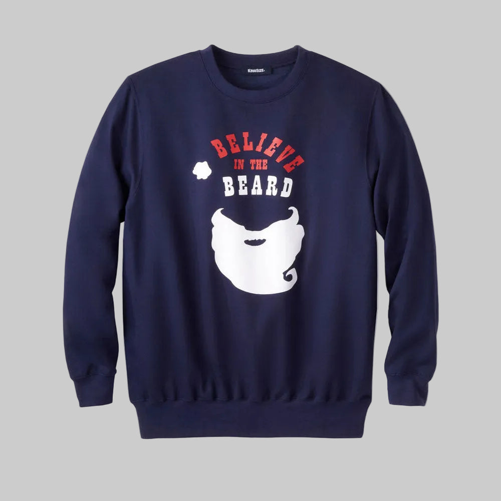 Navy holiday fleece sweatshirt with beard graphic, relaxed fit, and ribbed crew neck.