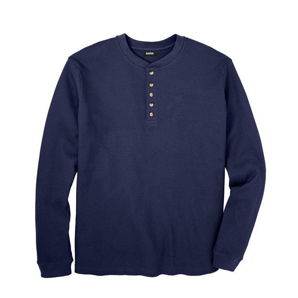 Navy blue big size Henley thermal shirt with waffle-knit texture and five-button placket