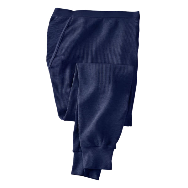 Stay warm in Navy Blue heavyweight thermal pants. Big & Tall fit with soft lining, ribbed cuffs, and elastic waist.